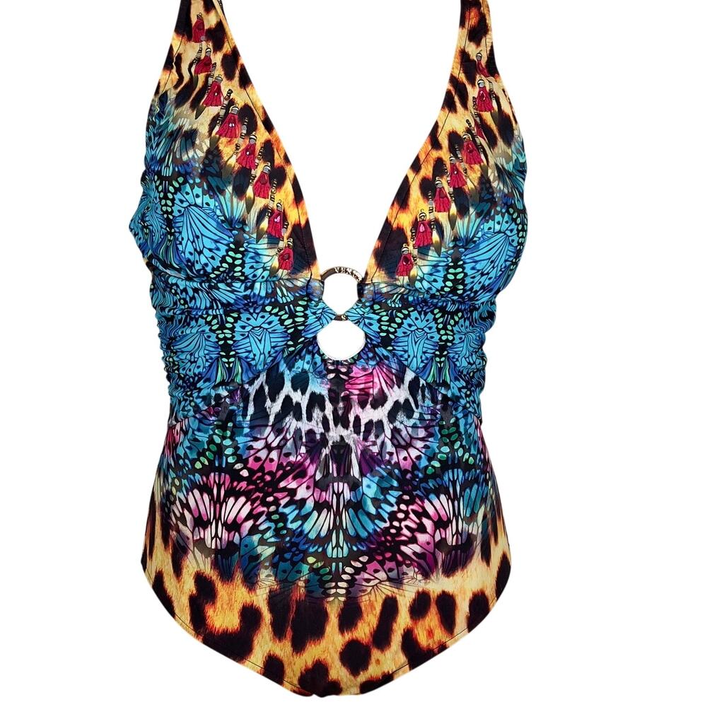 Venus Jungle Party One-Piece Swimsuit V-Neck Gold Ring Animal Print Womens 12
